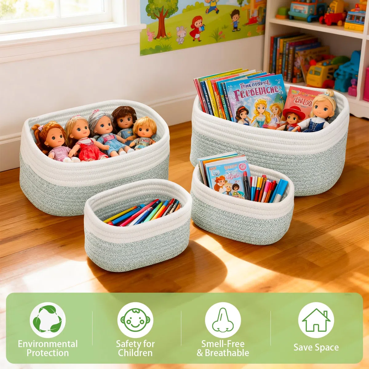 Withosent Set di 4 Cestini Portaoggetti Intrecciato in Corda di Cotone, Cesto Porta Giochi Bambino Bagno, Impilabile Organizer Fasciatoio, Decorazione Cestini Stoccaggio per Cameretta Salotto Ufficio
