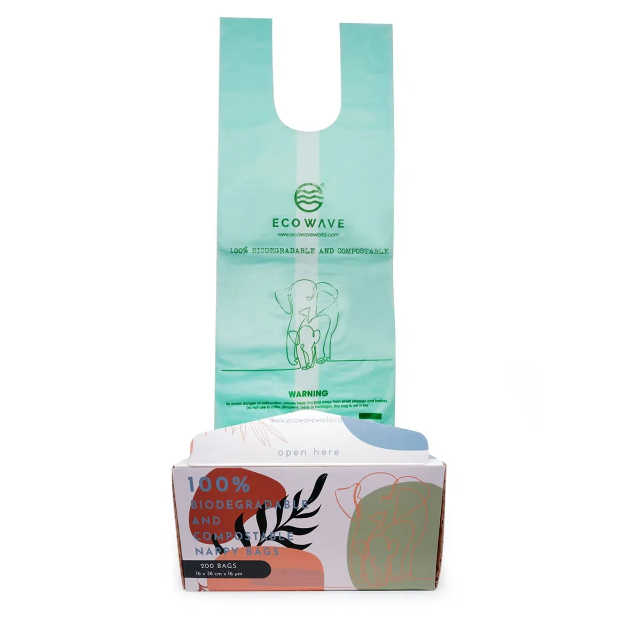 ECO WAVE Sacchetti per pannolini 100% biodegradabili e compostabili, 200 sacchetti senza profumo, certificati EN 13432