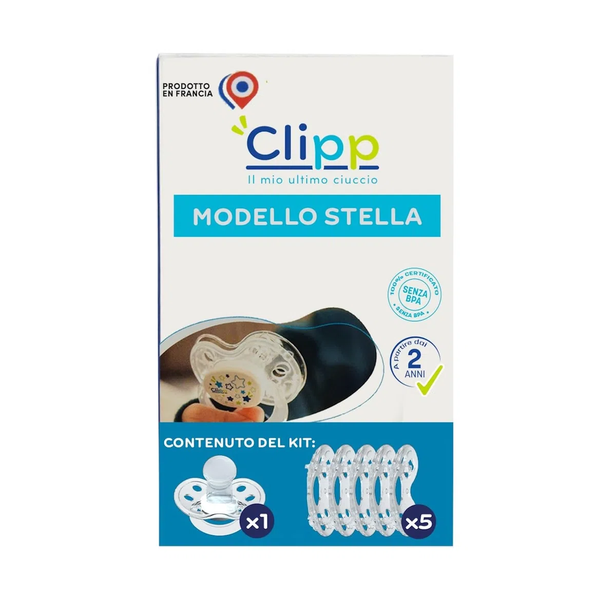 CLIPP Kit - Ciuccio per lo svezzamento Stelle + 5 anelli per lo svezzamento graduale - Svezzamento a tappe, facile e delicato - Dispositivo brevettato - Prodotto in Francia - A partire dai 2 anni