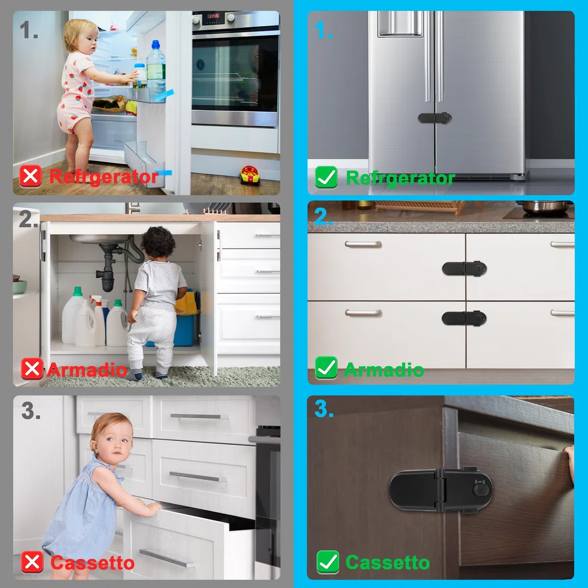 REDTRON Serrature per di sicurezza per bambini con doppio interruttore di sicurezza (4 pezzi, nero), blocca cassetti per bambini, facili da installare con adesivo 3M