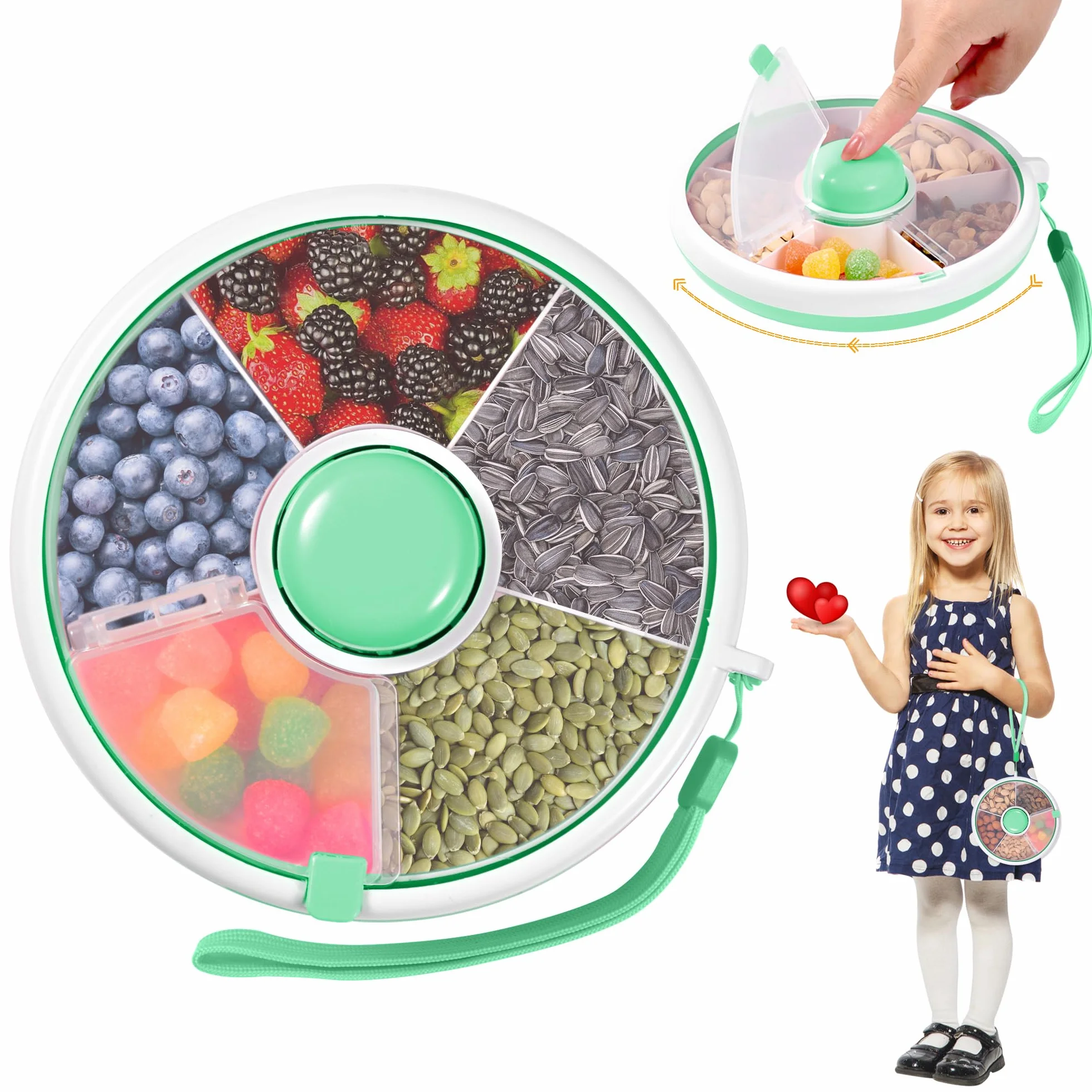 Snack Spinner - Contenitore per snack per bambini, con scomparti, rotondo, riutilizzabile, per snack, melone, caramelle, frutta