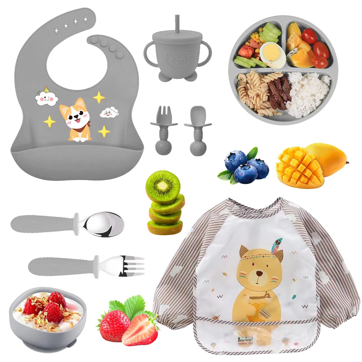 Set Pappa per Bambini 10 Pezzi Svezzamento Completo, Piatto e Ciotola in Silicone con Ventosa Antiscivolo, Cucchiaio Forchetta Bavaglino, Stoviglie Sicure per Neonati e Bambini