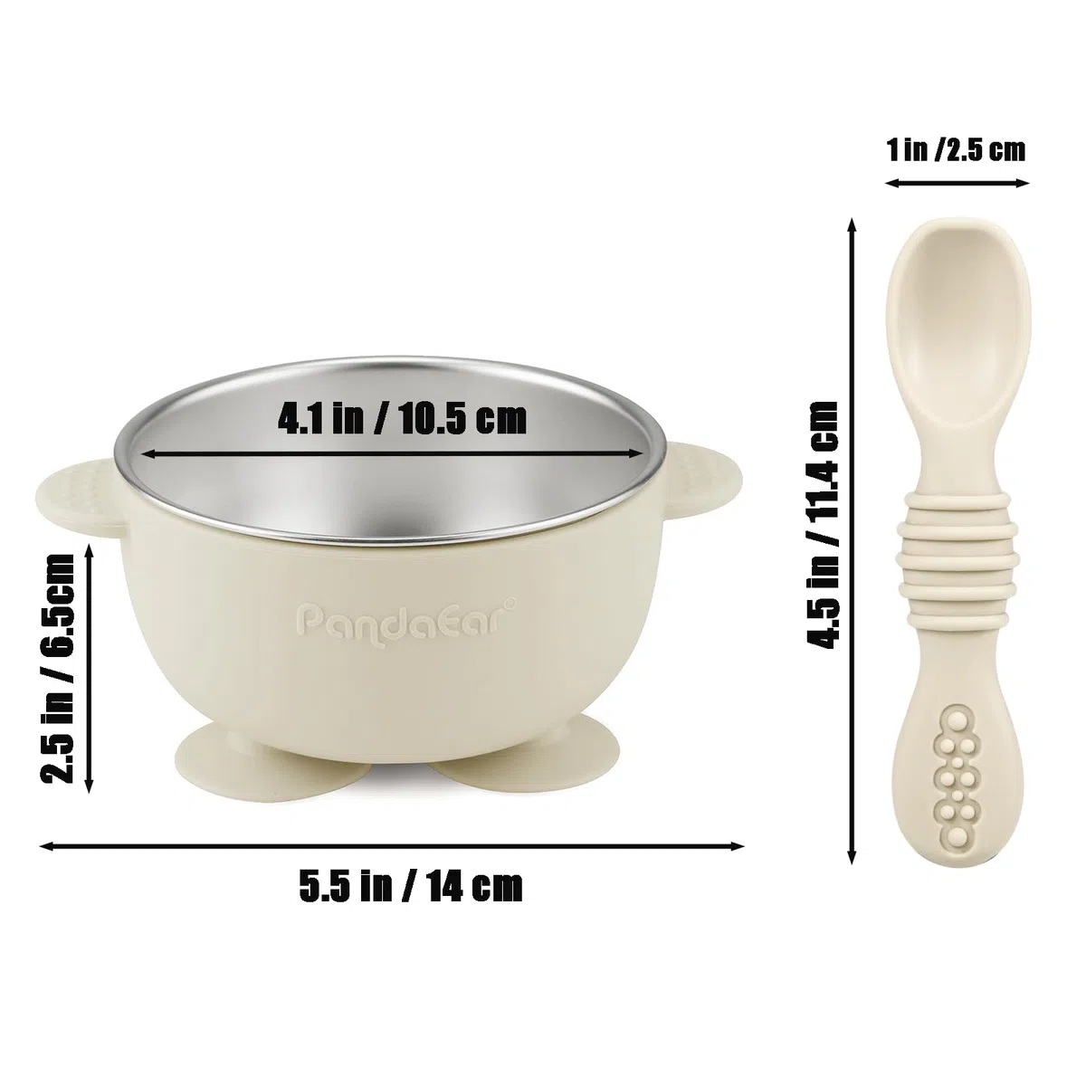 PandaEar Set 3 Ciotole Inox con Ventosa e 3 Cucchiai in Silicone | Ciotole Antiscivolo per Neonati e Bimbi, Perfette per Svezzamento BLW, Senza BPA (Lino, Marrone, Grigio)
