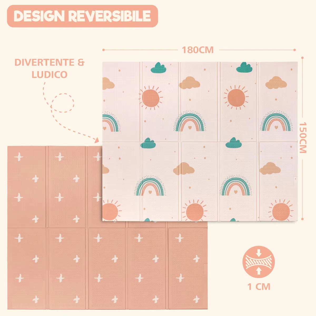 Tappeto Gioco Bambini Pieghevole Sweety Fox - Tappeto Gioco Neonato 150x180x1cm - Tappeto Bambini Reversibile, Impermeabile per Sviluppo Sensoriale in Schiuma - Tappeto Neonato - Arcobaleno