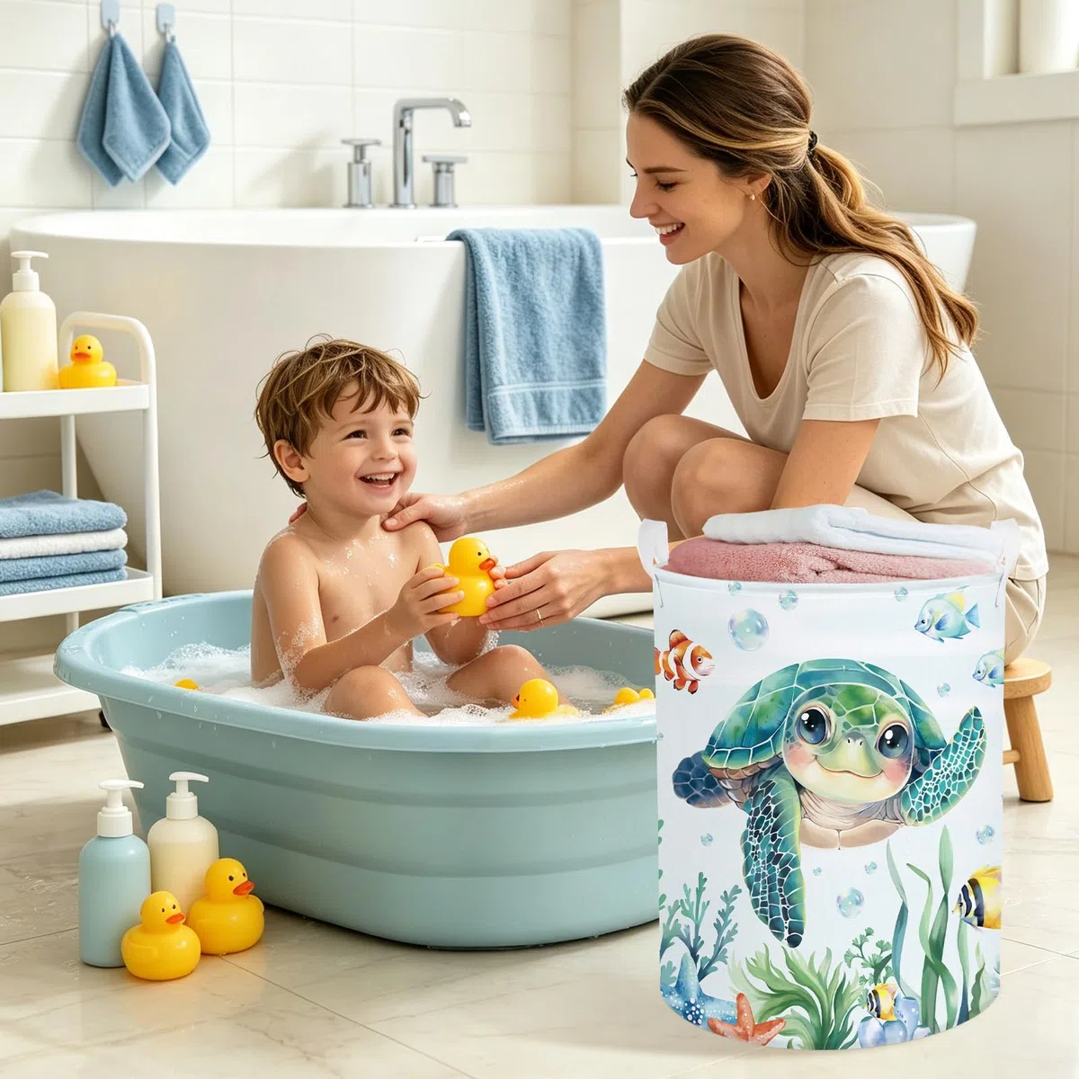 Clastyle Ceste Biancheria Bambini Mare Tartaruga Verde per Ragazzo Ragazza Cestino Portaoggetti Giocattoli Pieghevole Vestiti Giocattolo con Manici per Bagno Cameretta, Tartaruga marina, 36x45 cm