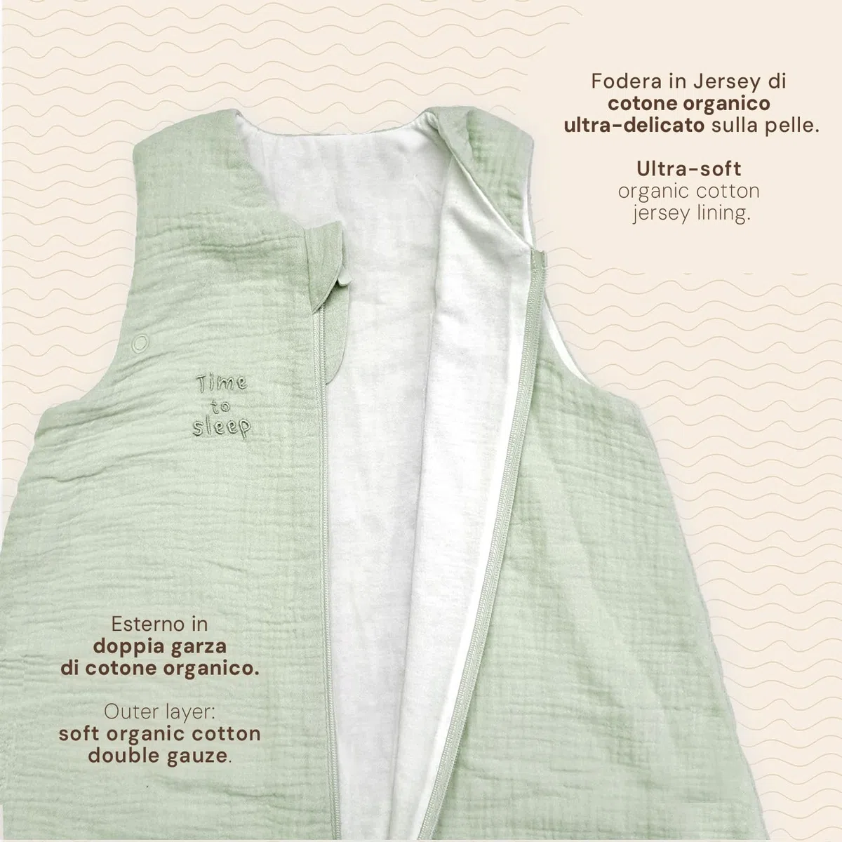 PERLETTI Sacco Nanna Tog 1 Estivo Primavera Cotone Organico - Senza Maniche e Piedini Neonato Bambino 0-6 Mesi e 6-18 Mesi - Leggero Confortevole Morbido con Cerniera Centrale