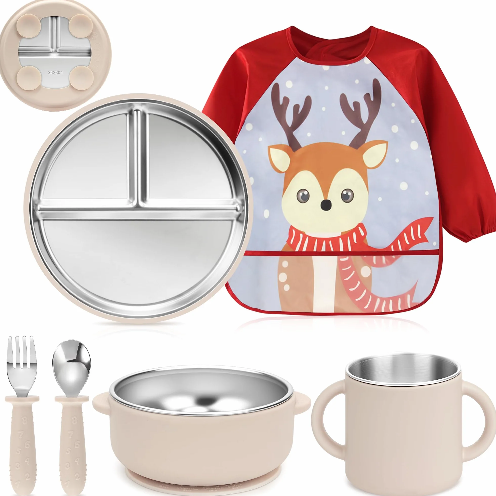 Set di stoviglie per bambini in acciaio inox con ventosa, 6 pezzi in acciaio inox con piatto per bambini, bicchierini per imparare a bere, bavaglini con maniche, cucchiaio per bambini