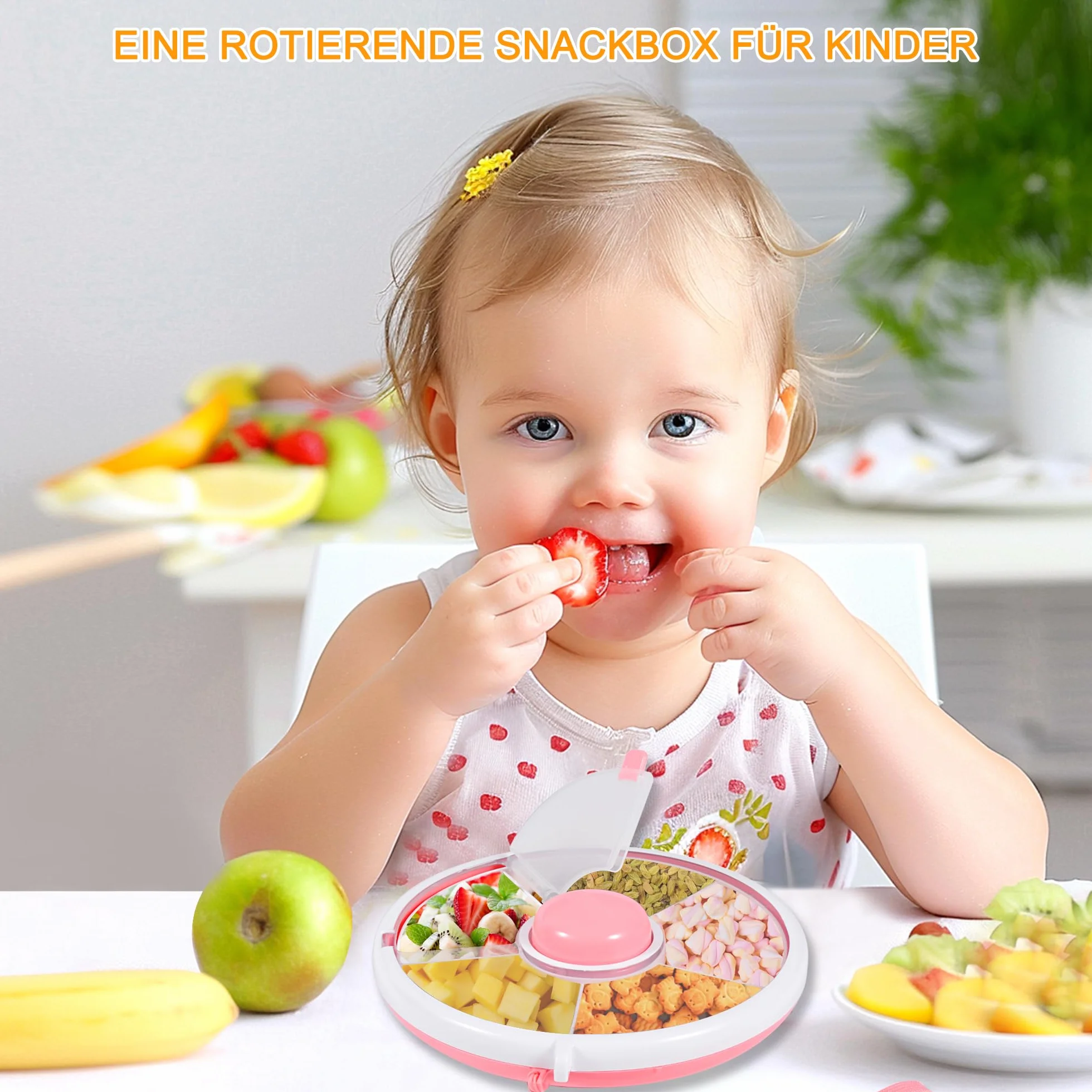 Snack Spinner - Contenitore per snack per bambini, con scomparti, rotondo, riutilizzabile, per snack, melone, caramelle, frutta