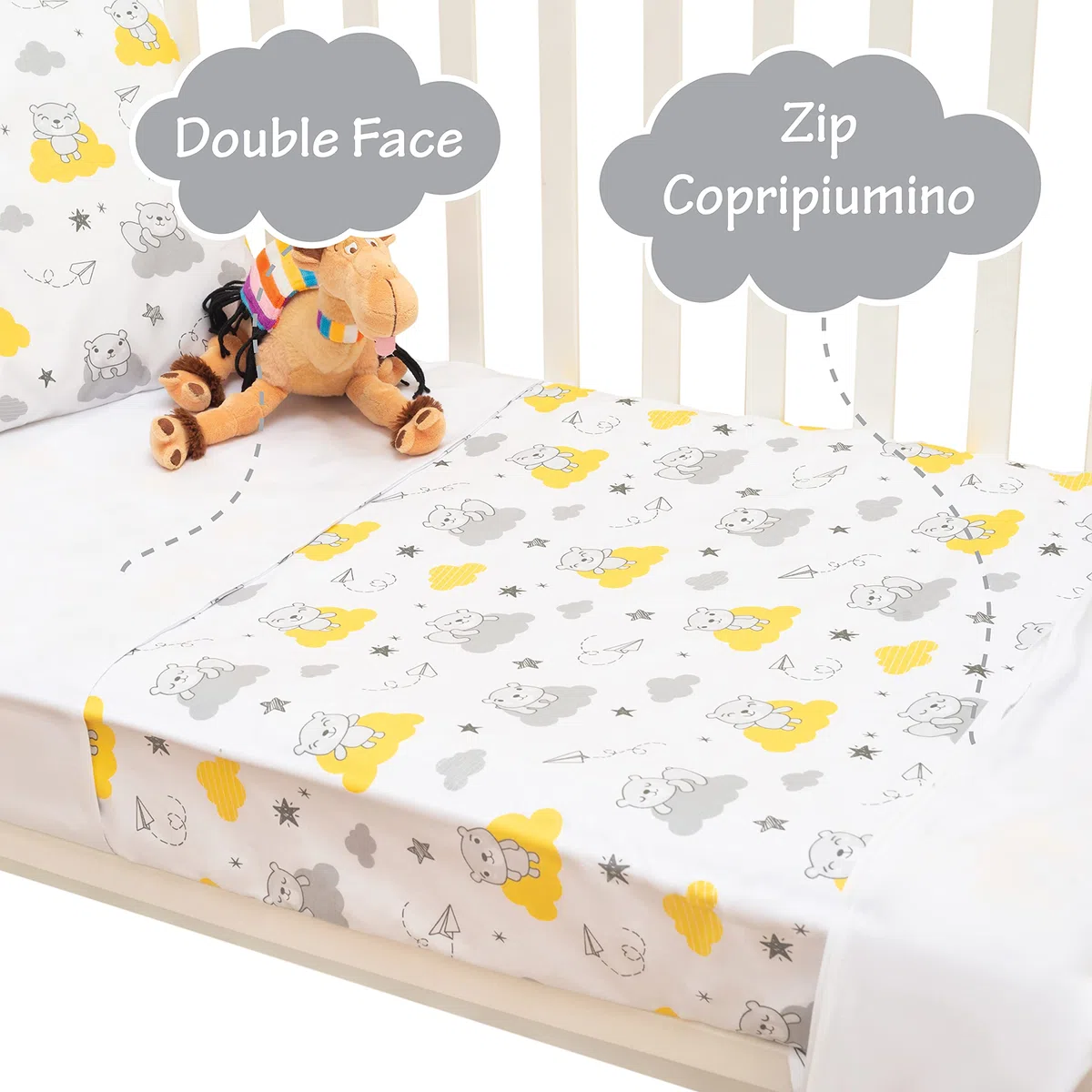 Set Lenzuola 3 Pezzi Per Lettino Neonato, 60x120 cm, 1 Lenzuolo Di Sotto Con Angoli, 1 Lenzuolo Di Sopra Copripiumino/Sacco, 1 Federa Cuscino, 100% Cotone, Nuvole