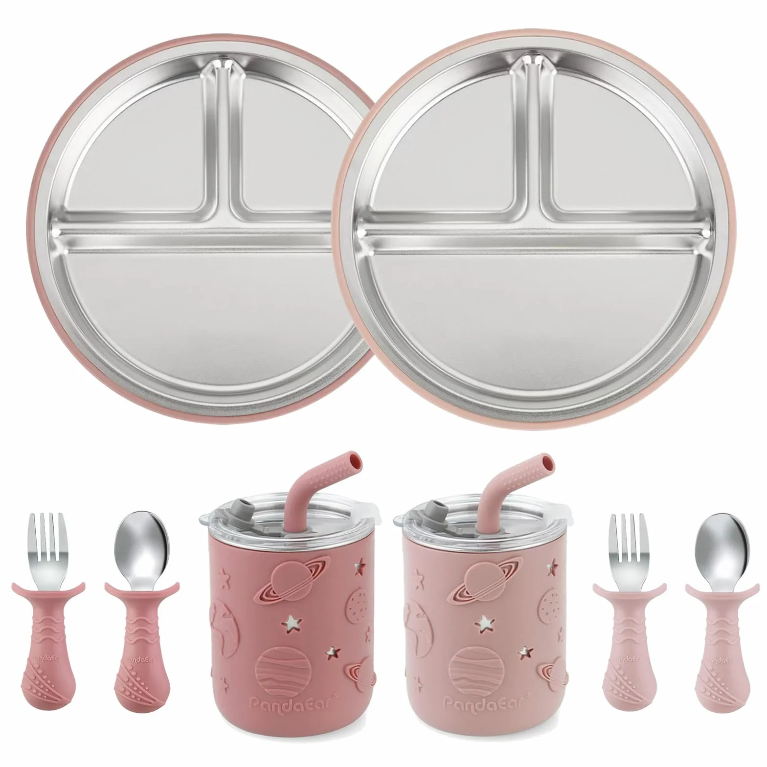 PandaEar Set Pappa Inox per Bambini | 2 Piatti con Ventosa Divisi, 2 Bicchieri Antigoccia con Cannuccia e Rivestimento in Silicone, 2 Forchette e 2 Cucchiai | Senza BPA (Rosa)