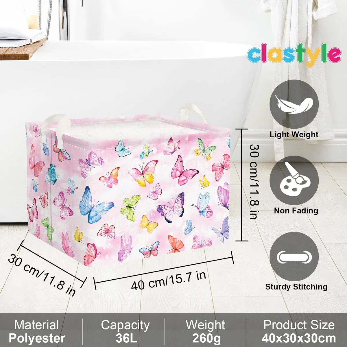 Clastyle Ceste Biancheria Bambini Farfalla Cestino Giocattoli Vestiti Impermeabile per Donna Ragazza Cestino Portaoggetti per Bagno Cameretta Bucato, Rosa, 40x30x30 cm