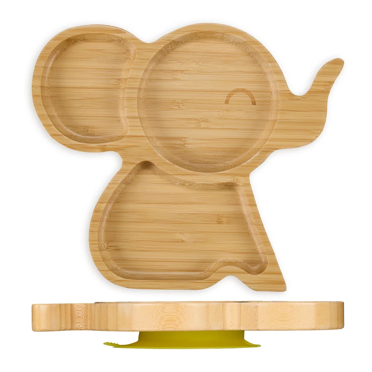 Relaxdays Piatto con Ventosa per Bambini, Piattino Pappa Svezzamento Neonati, 3 Scomparti Forma Elefante bambù, Naturale