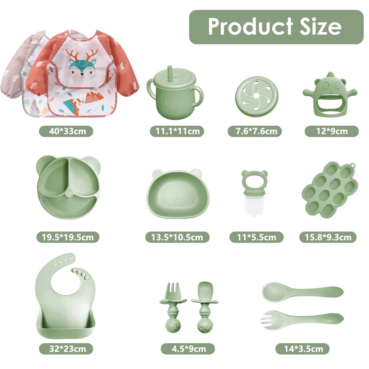 14 Pezzi Set Pappa Svezzamento, Svezzamento Set Silicone Piatto con Ventosa Piatto Ciotola Tazza Bavaglino Cucchiaio Forchetta, Set di Posate per Bambini per Lo Svezzamento e L'Alimentazione (Verde1)