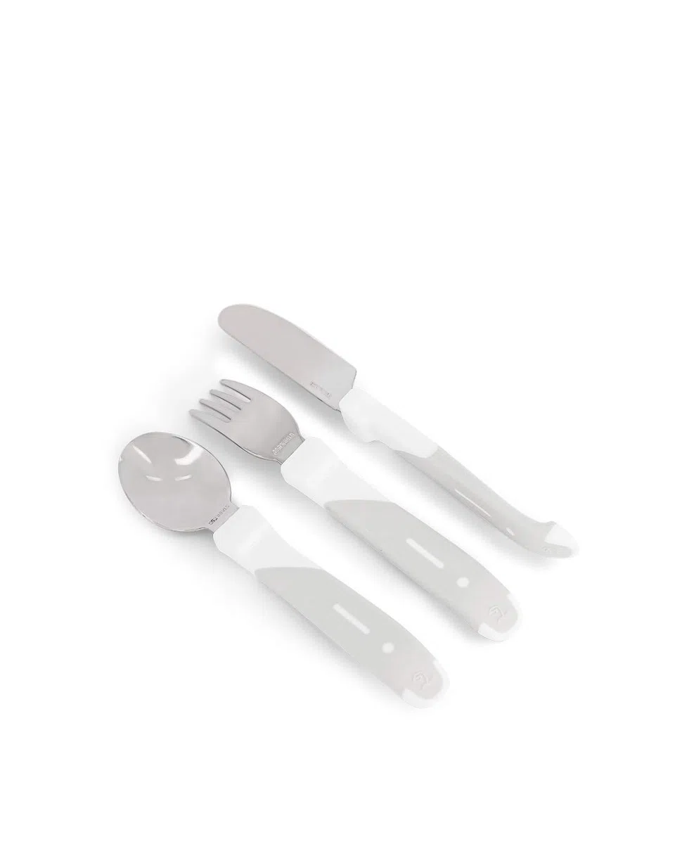 Twistshake Posate Bambini Acciaio Inox 12+ Mesi | Cucchiaio + Forchetta + Coltello | Set Svezzamento Educativo | Posate Apprendimento Neonati | Senza BPA | Bianco