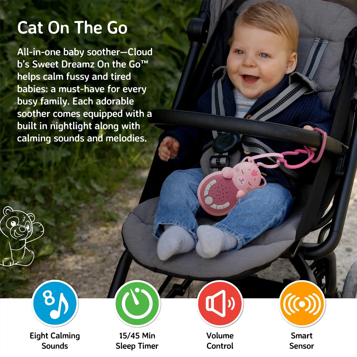Cloud b Sweet Dreamz On The Go | Macchina del Suono da Viaggio con Luce Calmante | 4 Rumori Bianchi & Ninne Nanne Rilassanti | Sensore Smart Riattivante & Bagliore Soffice |Aiuto Sonno Neonato| Gatto
