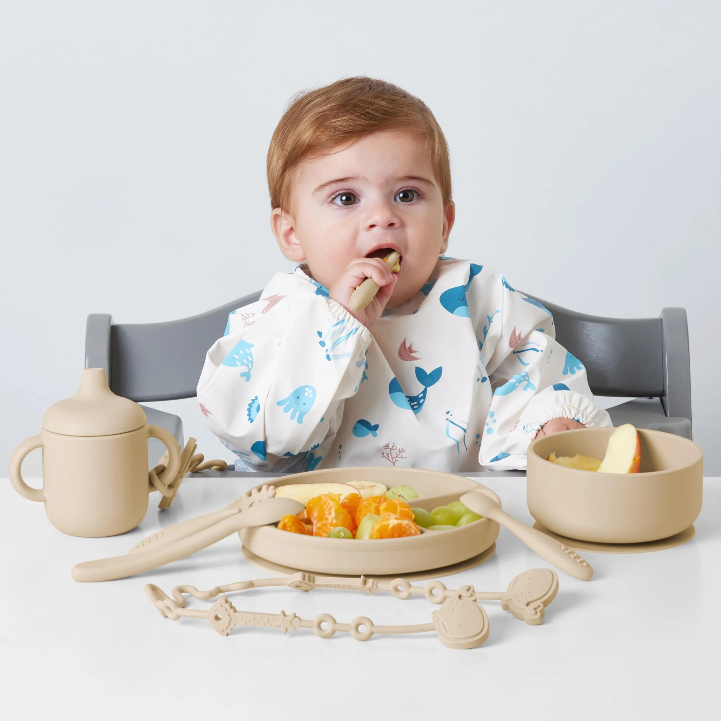 Navik | set pappa svezzamento da 12 pezzi | piatto svezzamento con ventosa per bambini | bicchiere bambino | cucchiaio e ciotola in silicone | beige