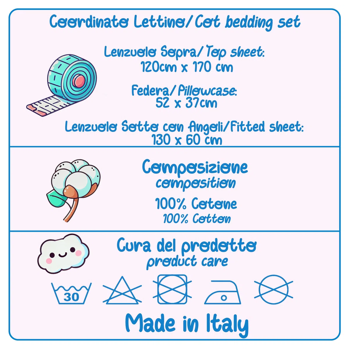 PASTELLO - Coordinato Lettino 3 Pezzi, 100% Cotone per Neonati, Completo Lenzuola con Ricamo (Art. LL31E, PERLA)