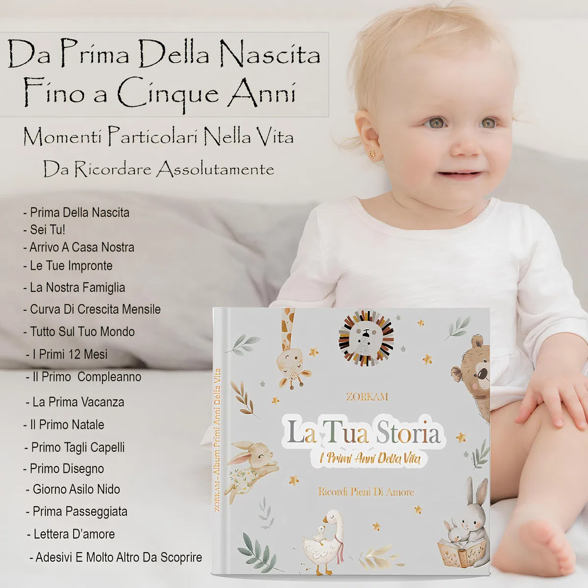 Album Ricordi Neonato - Album Nascita Bambino Bambina Fino a 5 Anni Di Vita stile Neutro- Regalo da Costudire per Sempre-Ottima Idea regalo nascita bimbo bimba Baby shower-Foto e scritte 80 P