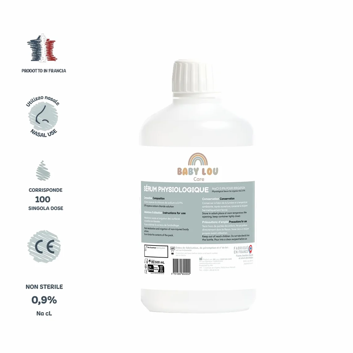 Siero fisiologico in bottiglia 5x500ml | NaCl 0,9% | Prodotto in Francia | Lavaggio delle fosse nasali | Igiene del naso | Per irrigazione esterna