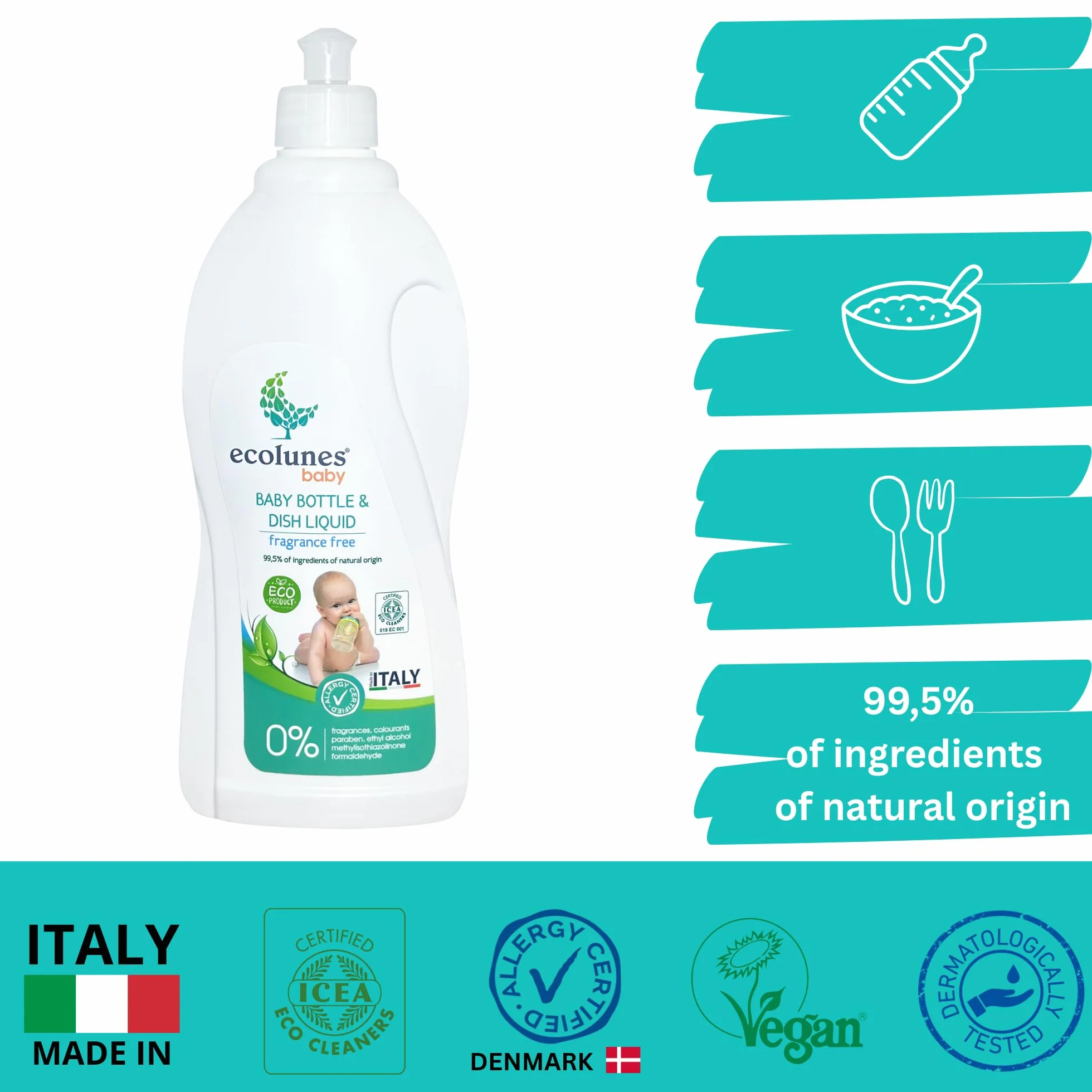 Ecolunes Liquido per biberon e piatti senza profumo 99,5% di ingredienti di origine naturale, non provoca allergie, realizzato con detergenti di origine vegetale, dermatologicamente testato, 750 ml