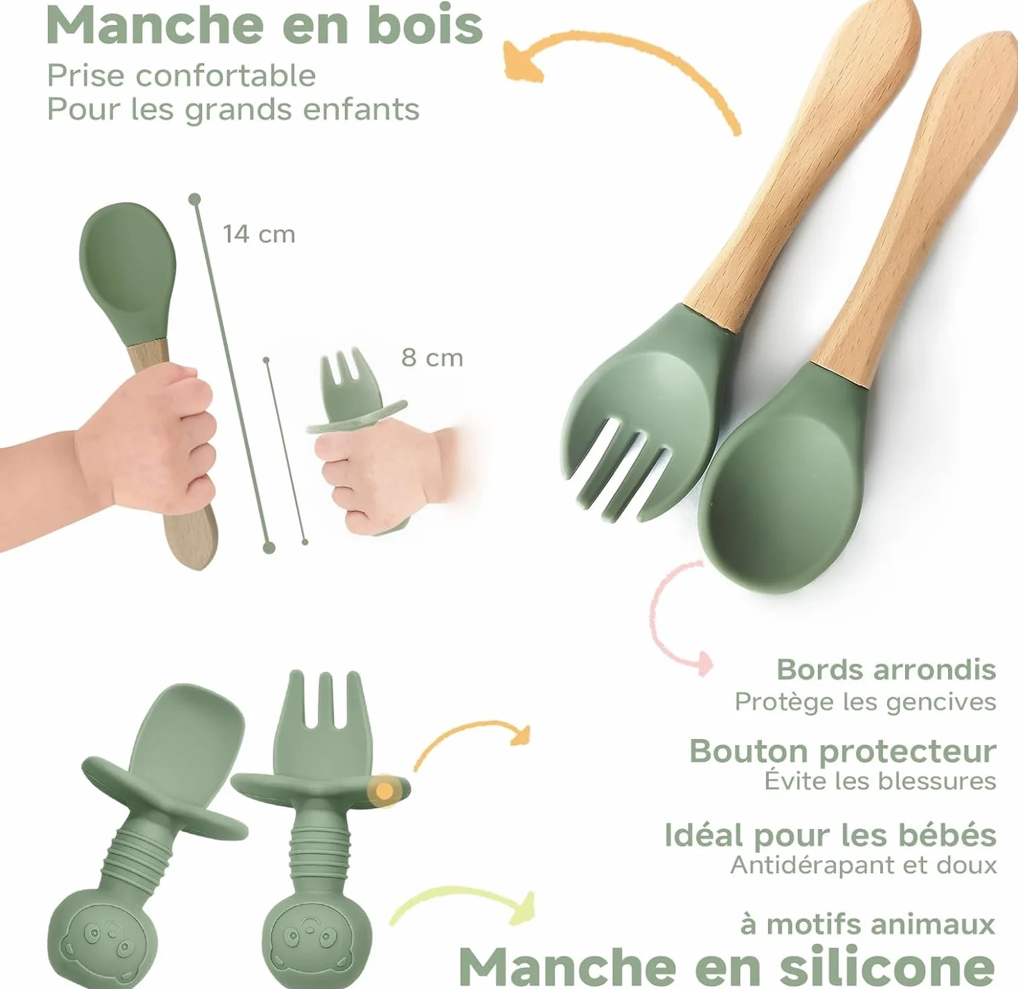 Set Pappa Svezzamento, 8 Pezzi, Piatto Svezzamento Ventosa Ciotola, Bavaglino Silicone, Cucchiaino Forchetta Neonato, Piatti per Bambini, Posate Bambini, Svezzamento Neonati, Verde