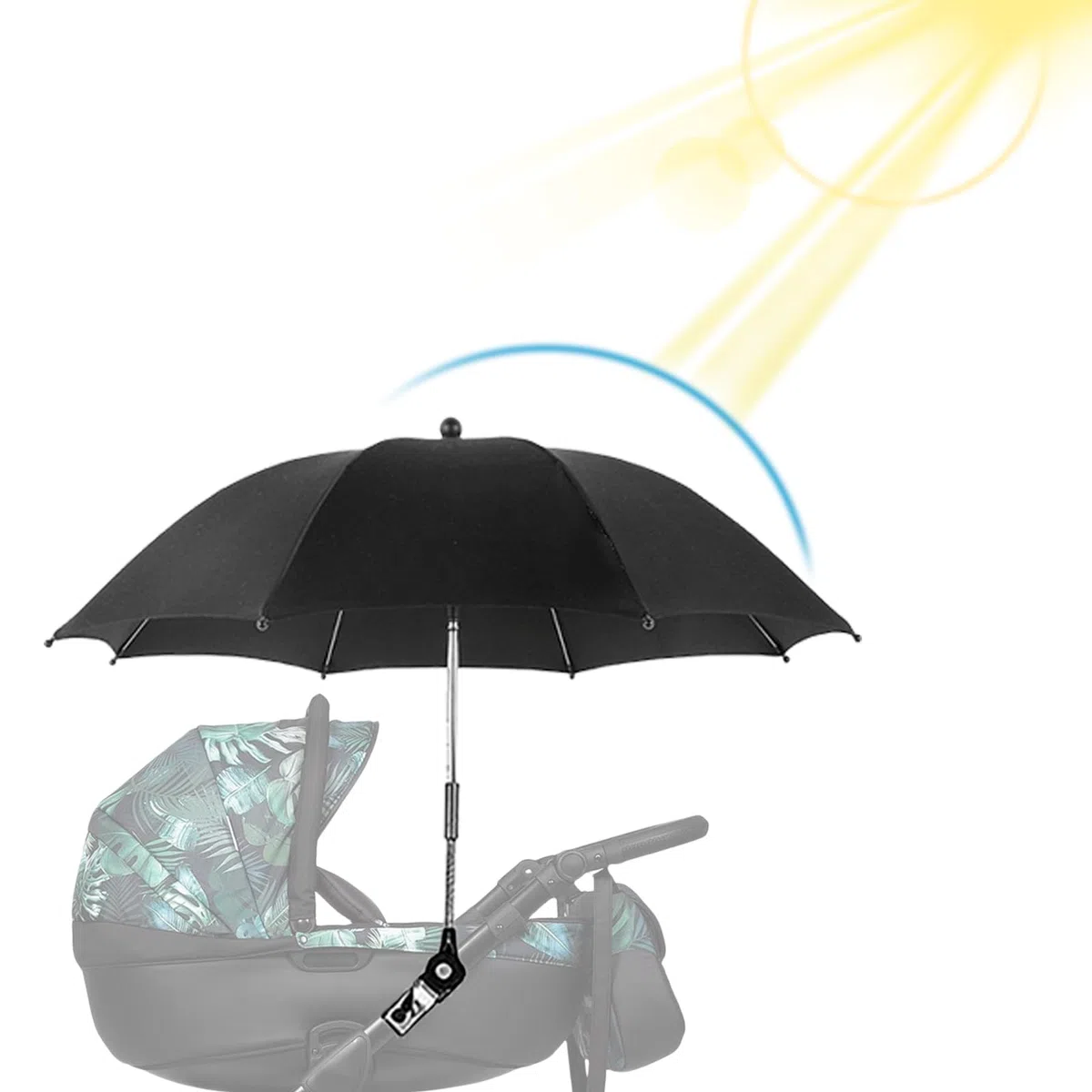 Passeggino parasole con supporto: ombrellone passeggino, universale, diametro 84 cm, protezione UV 50+, flessibile, girevole e inclinabile, Nero