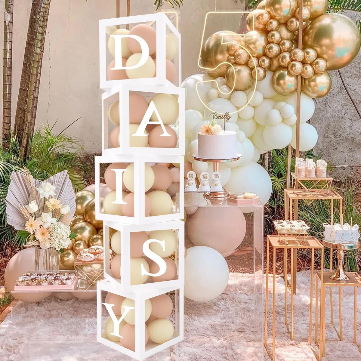 Scatola Baby Shower, 5 Pezzi Scatole Decorative Baby, 25cm Cubi Trasparente Baby con 54 Lettere per Baby Shower Decorazioni, DIY Nome, Compleanno, Battesimo Bimbo Bimba, Gender Reveal Party