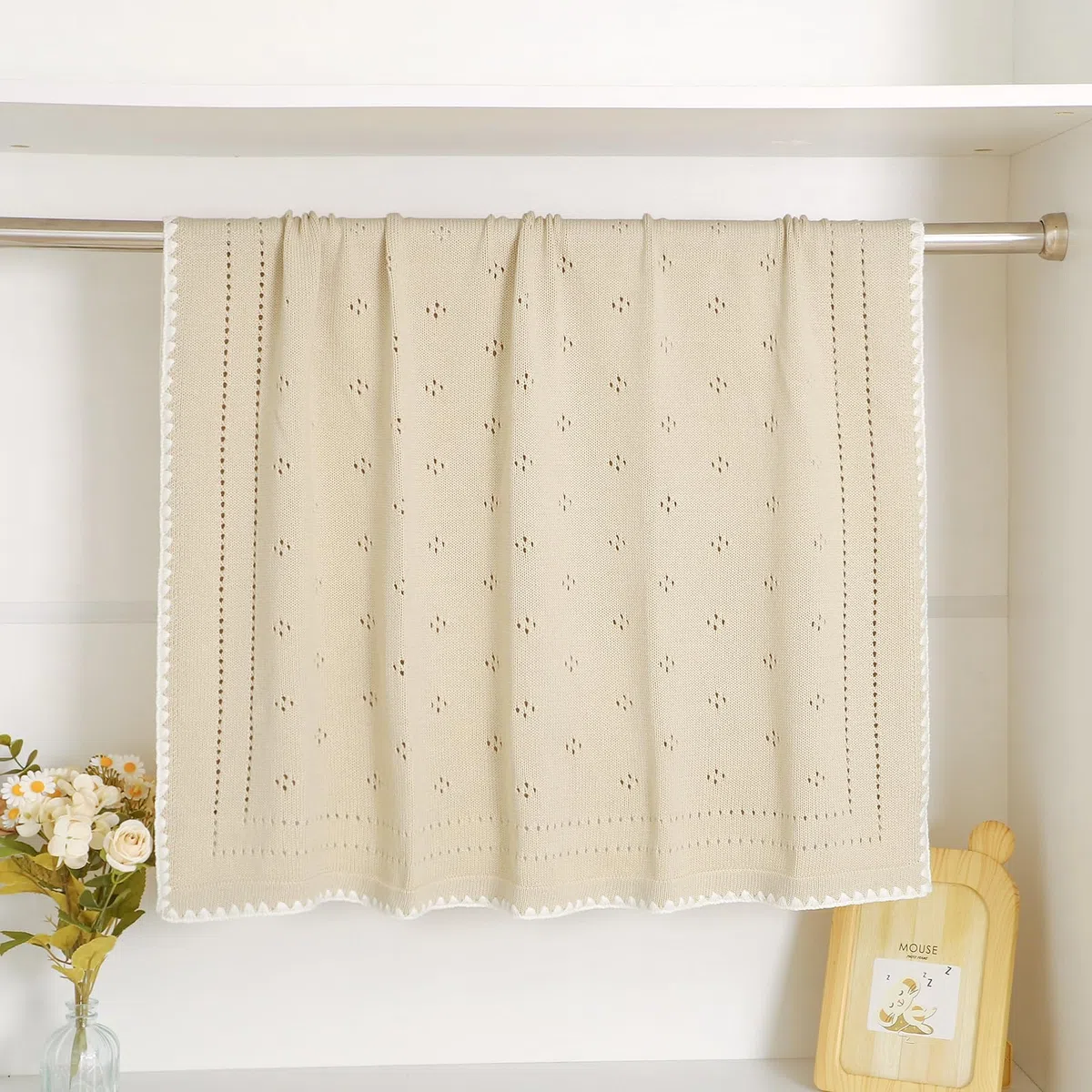 Coperta per neonati in 100% cotone, lavorata a maglia, morbida, lavorata all'uncinetto, per neonati, ragazze, bambini, con bordo adorabile (cammello)