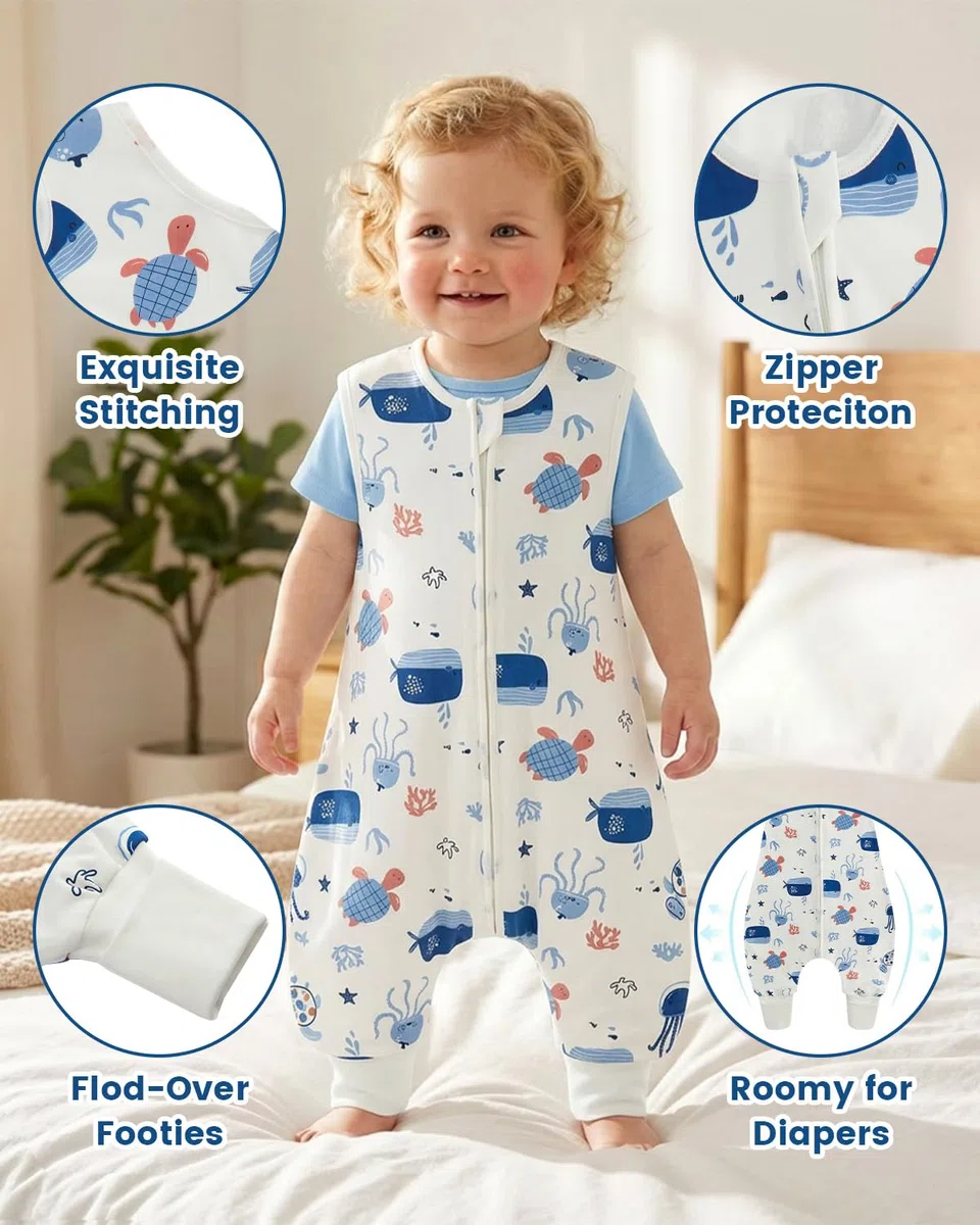 WYTbaby Sacco a pelo con piedi, 0,5 Tog, confezione da 2 pezzi, sacco a pelo per bambini, 100% cotone, senza maniche, per tutto l'anno, per ragazzi e ragazze, blu medusa 70 cm