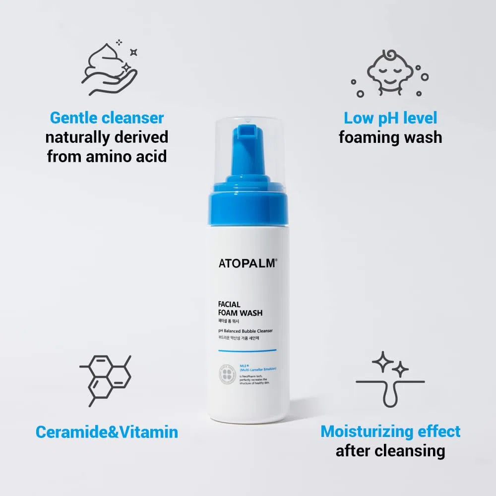 ATOPALM Facial Foam Wash 150ml, Detergente viso delicato per bambini, No strappo, No solfato, No parabeni, pH bilanciato, ipoallergenico per pelli sensibili, grado EWG verde