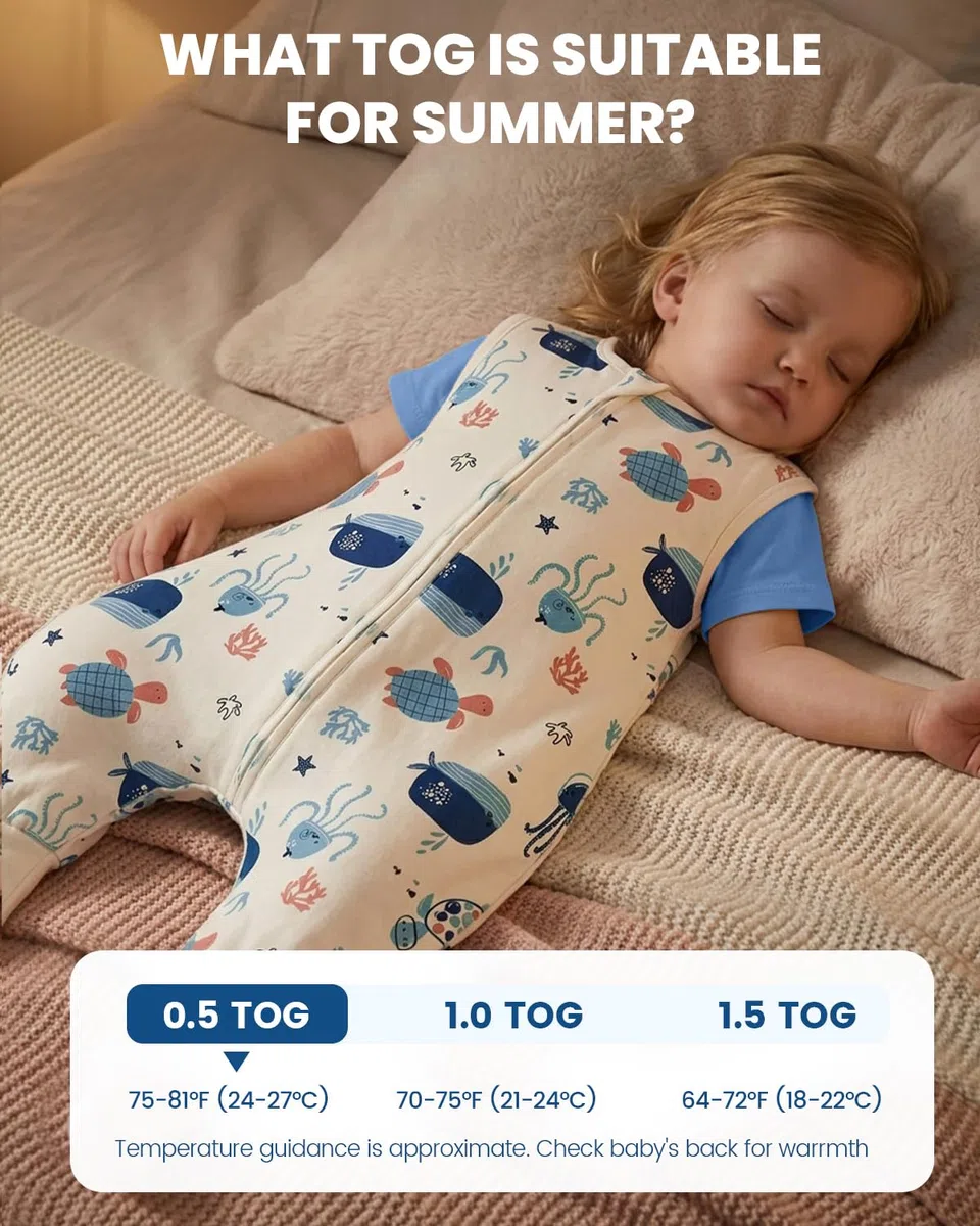 WYTbaby Sacco a pelo con piedi, 0,5 Tog, confezione da 2 pezzi, sacco a pelo per bambini, 100% cotone, senza maniche, per tutto l'anno, per ragazzi e ragazze, blu medusa 70 cm